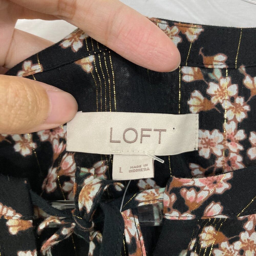 New LOFT Large Dark Floral Tie Front Metallic Striped Long Sleeve Elegant Blouse - Picture 2 of 10